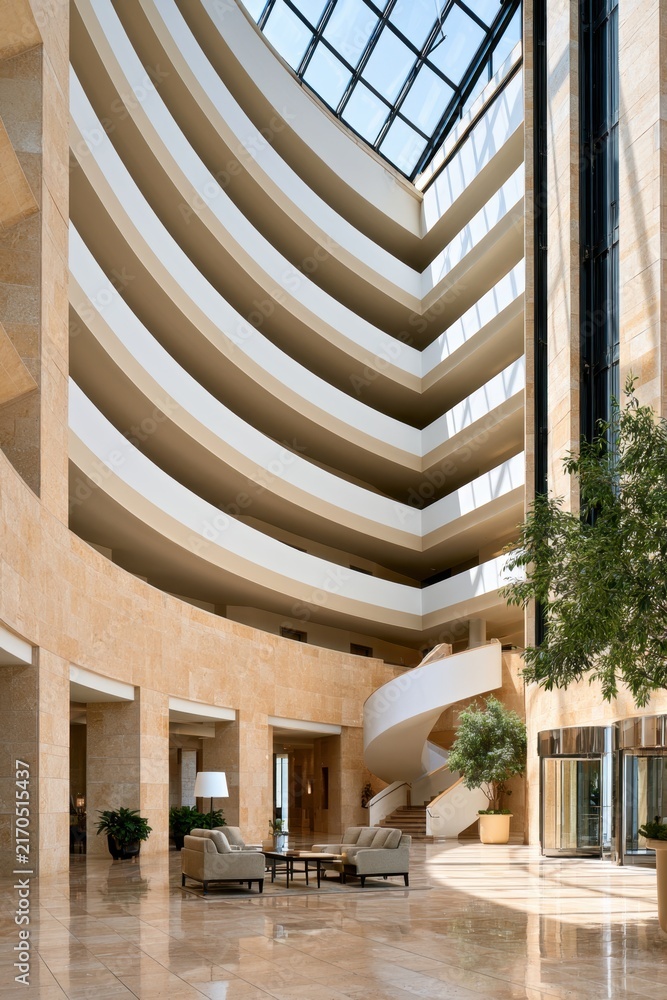 Obraz premium Modern hotel atrium interior with curved balconies spiral staircase and skylight for hospitality lobby design background and architectural presentation