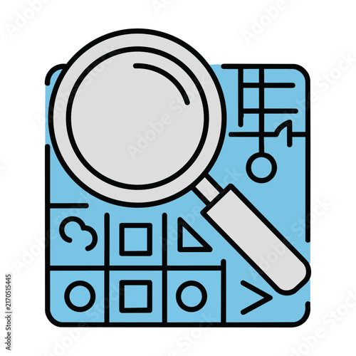 Magnifying glass icon hovering over a construction blueprint with abstract geometric line patterns on a white background, architecture and planning concept