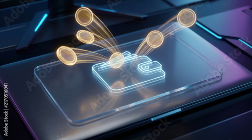 Digital wallet with coins flying out represents consumer spending habits in futuristic technology and finance concept