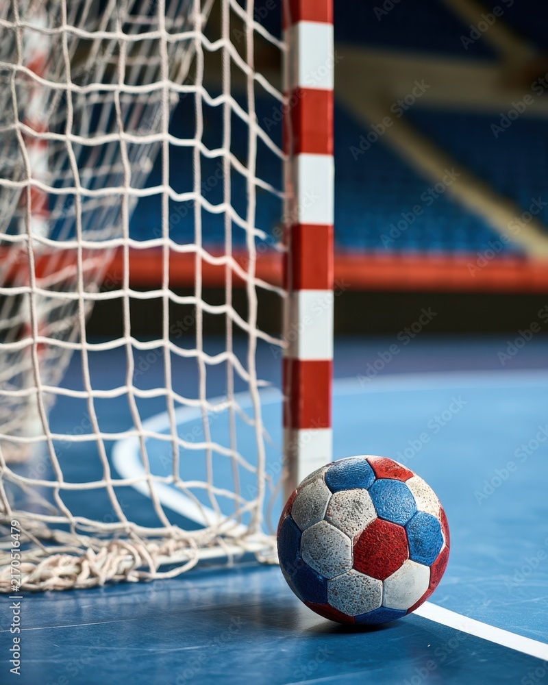 Fototapeta premium Handball goal and ball in indoor court close up showing net and striped post for sports editorial background poster and action concept