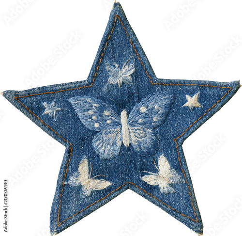 Foto Denim star applique featuring a large embroidered butterfly with smaller butterf