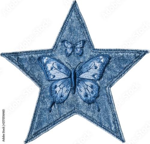 Fotografie Vintage denim star applique featuring an embroidered butterfly and a smaller but