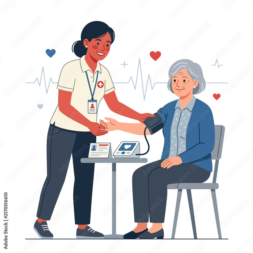 Fototapeta premium Nurse checks elderly woman's blood pressure, symbolizing healthcare, compassion, and medical care for seniors.