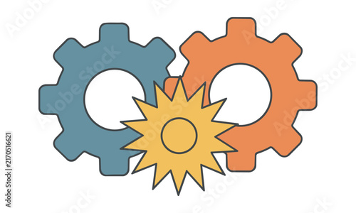 two interlocking mechanical gears with starburst badge symbol isolated on white, geometric teamwork concept