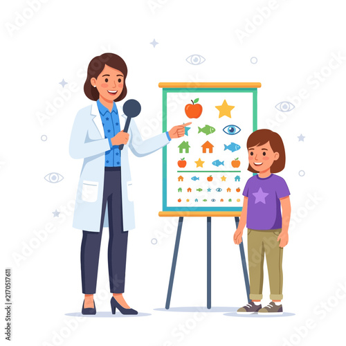 Pediatrician conducting an eye exam for a child using a vision chart with colorful symbols and an optician's tool.