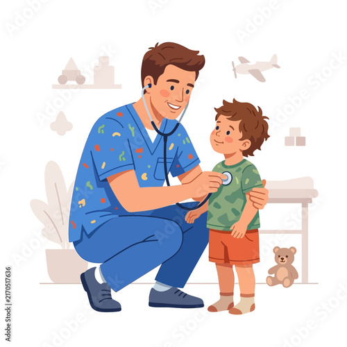 Pediatrician Examines Young Boy with Stethoscope in Playful Doctor's Office