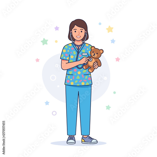 Pediatrician examining a teddy bear with a stethoscope, illustration of child healthcare and kindness