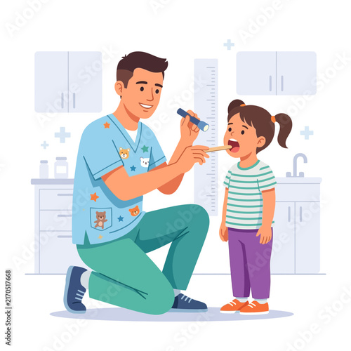 Pediatrician examining a child's throat with a flashlight in a modern clinic setting, illustration