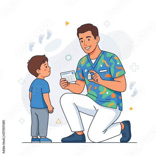 Pediatrician Explains Vaccination to Child, Healthcare Concept Illustration