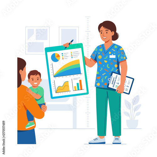 Pediatrician Explains Growth Chart and Milestones to Parent and Child, Medical Consultation