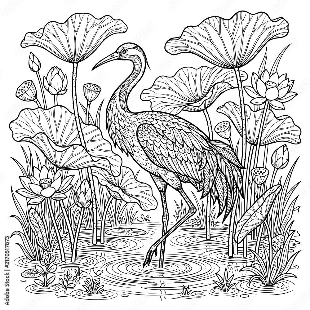 Naklejka premium Intricate black and white line of a crane bird standing in a lotus pond with large leaves and blooming flowers for coloring