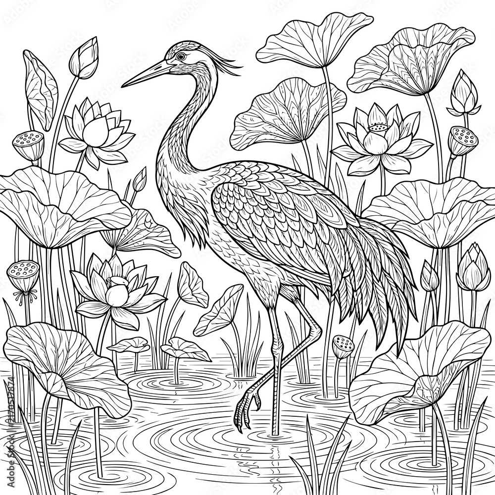Naklejka premium Detailed black and white line of a tall crane bird standing in a pond surrounded by blooming lotus flowers and lily pads
