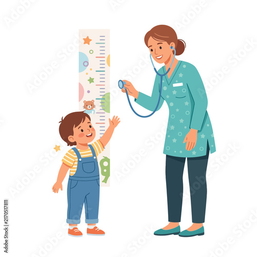 Pediatrician measuring child's height and listening to heartbeat with stethoscope, cute cartoon style