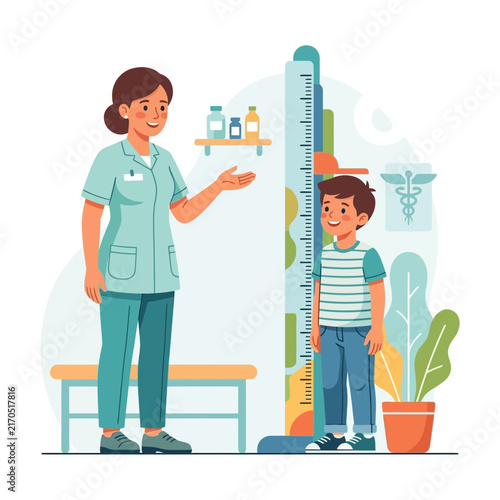 Pediatrician measuring boy's height with stadiometer in clinic, illustrating child healthcare and growth monitoring.