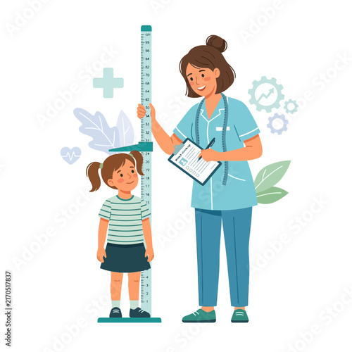 Pediatrician measuring child's height on a stadiometer during a medical checkup, healthcare concept