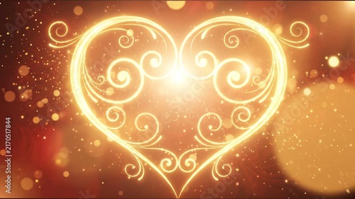 Glowing ornate heart shape with sparkling particles and bokeh effects.