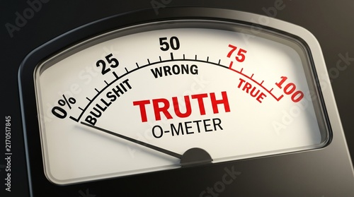 Truth o meter conceptual indicator pointing to bullshit or low percent of honesty