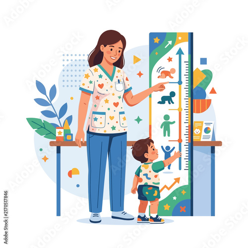 Pediatrician Measuring Child's Height on Growth Chart, Illustrating Development and Healthcare