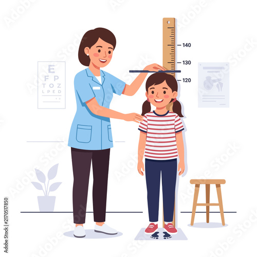 Pediatrician measuring child's height using a stadiometer in a clinic, with an eye chart and medical poster in the background.