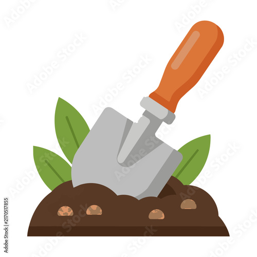 Stylized gardening trowel digging into brown earth, a simple flat design isolated on white. Gardening tool concept