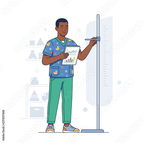 Pediatrician measuring child's height with stadiometer, holding chart in clinic or doctor's office, vector illustration