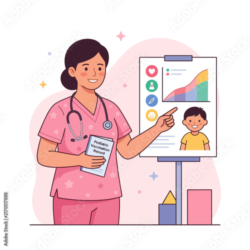 Pediatrician Presents Vaccination Records and Growth Chart to Smiling Child, Healthcare Concept