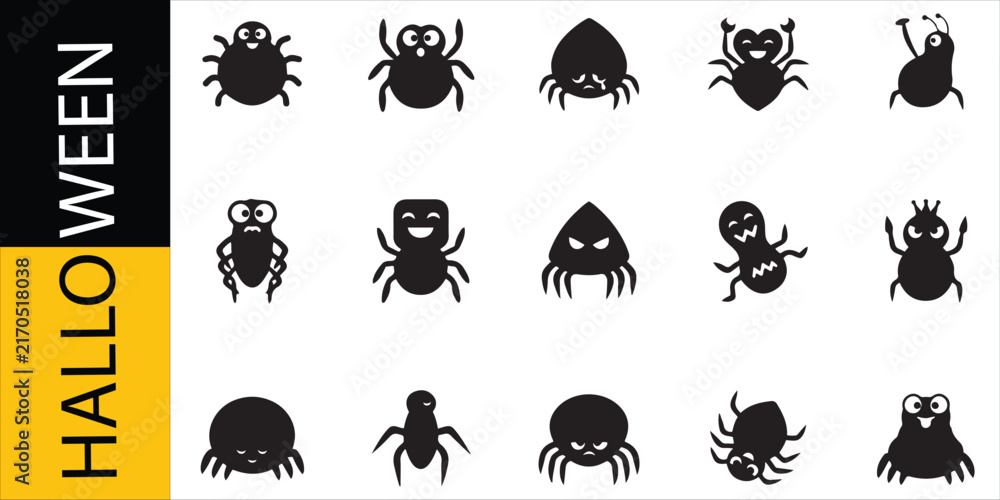 Obraz premium Halloween Spiders Set, Stylized Vector Icons, Spooky Creatures, Halloween Design Elements, Festive Illustration.