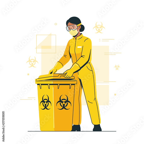 Person in Hazmat Suit Disposing of Biohazard Waste in Yellow Bin