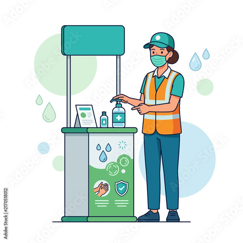 Person in mask and safety vest dispenses hand sanitizer at a promotion stand, promoting hygiene and safety