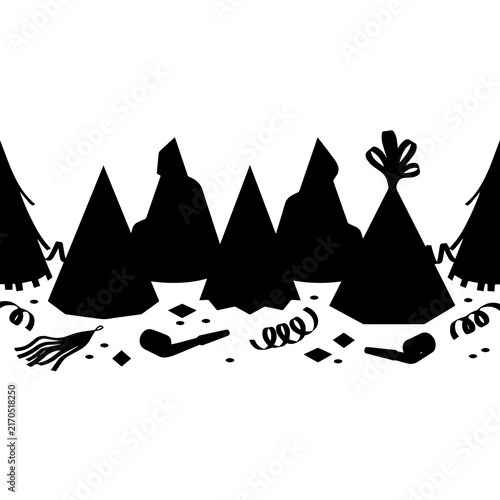 Black silhouettes of party hats and celebration like streamers and blowers on a white background, for festive