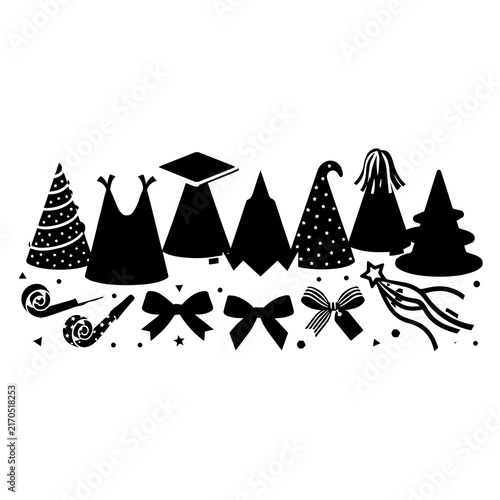 Party celebration set with cone hats, bows, and streamers, black silhouette pattern isolated on a white background, for festive