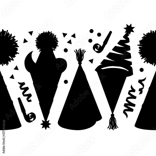 Seamless festive pattern with black silhouettes of party hats, pom-poms, streamers, and blowers on a white background, for celebration