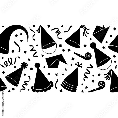 Festive seamless pattern with black party hats, streamers, blowers, and confetti shapes on a white background, for celebration themes