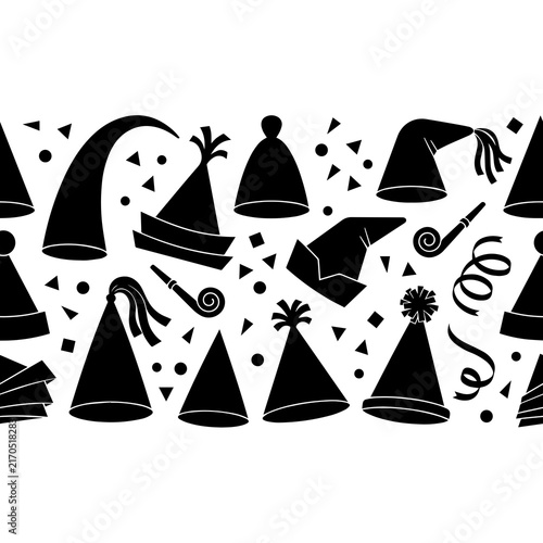Seamless pattern of black party hats, streamers, and blowers on a white background, for festive celebration, and birthday