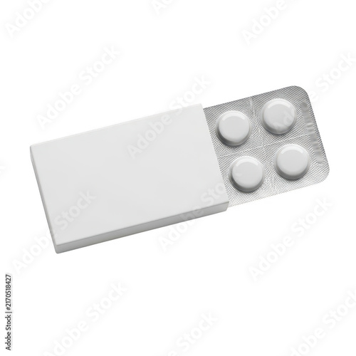White medicine blister pack with four round pills and a blank paper label area isolated on transparent background