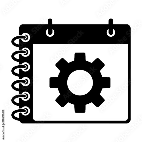 Minimalist desktop calendar icon with a gear symbol isolated on white background. Process planning and automation concept