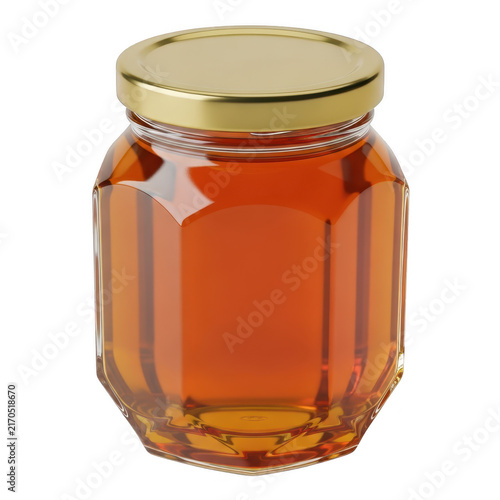 Glass jar filled with golden honey and a metal lid isolated on transparent background