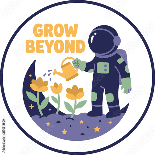 Astronaut Cultivating Cosmic Garden on Moon: Whimsical Graphic Design for Creative Apparel and Merchandising Development
