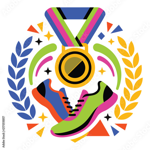 Vibrant Sports Achievement Illustration with Medal, Running Apparel, and Laurel Design for icon, logo Apparel, Merchandising, tournament and Graphic Design.	