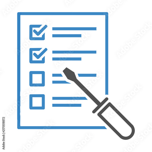 Stylized monoline icon of a checklist document with a screwdriver, symbolizing repair, assembly, or instructions, isolated on white. Technical task concept