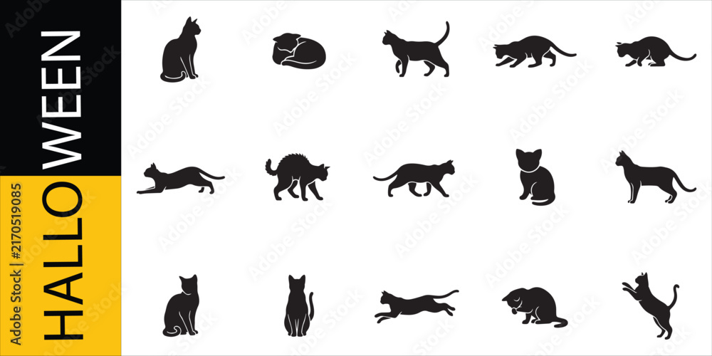 Obraz premium Halloween Cats Set, Vector Illustration with Silhouettes. Spooky Feline Icons, Halloween Design Elements