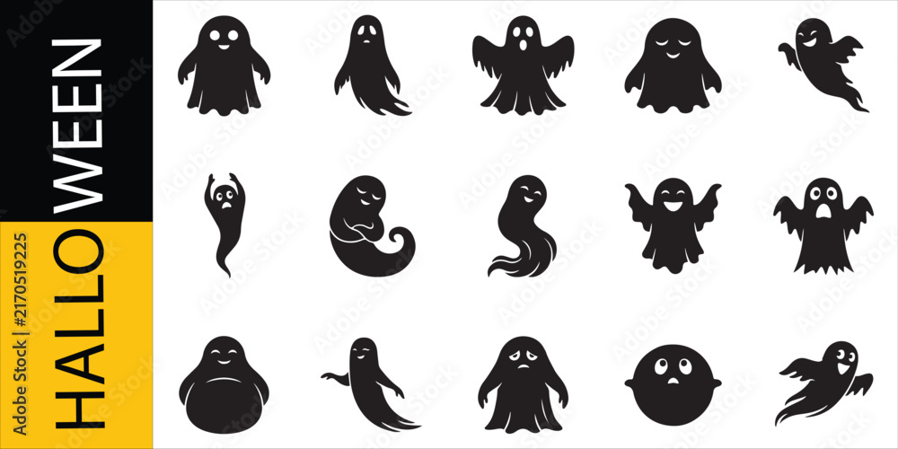 Obraz premium Halloween Ghosts Set, Spooky Icons and Vector Illustrations. Festive Halloween Design Elements