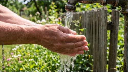 Person washing hands under running water outdoors in garden setting.