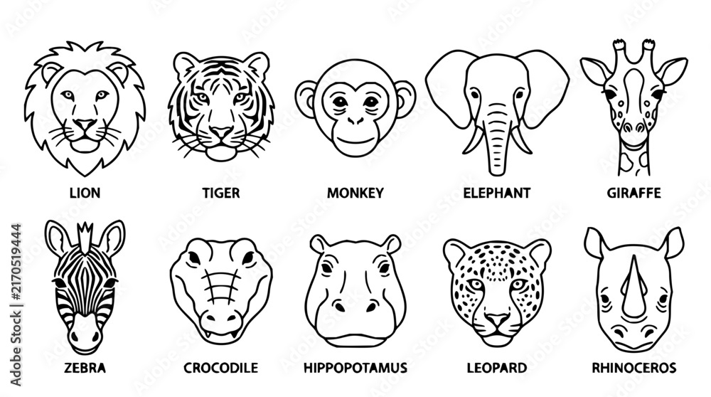 Fototapeta premium Animal faces set with line art illustrations featuring lion, tiger, monkey with elephant and giraffe