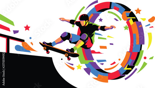 Energetic Skateboarder Performing Aerial Trick in Vibrant Illustration, Ideal for icon, logo Apparel, Merchandising, tournament and Graphic Design.