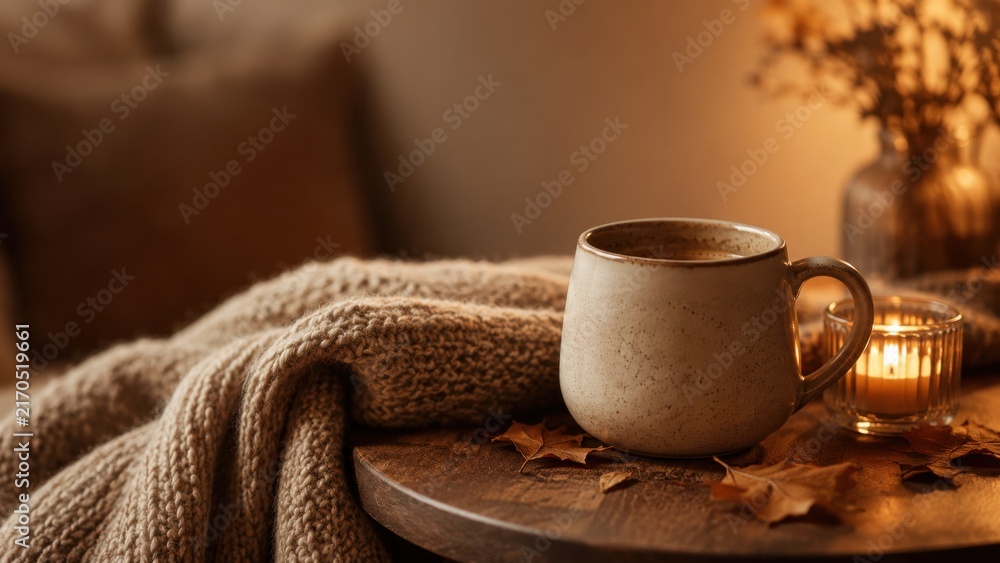 Fototapeta premium Cozy Autumn Mug and Candle With Knitted Blanket on Wooden Table