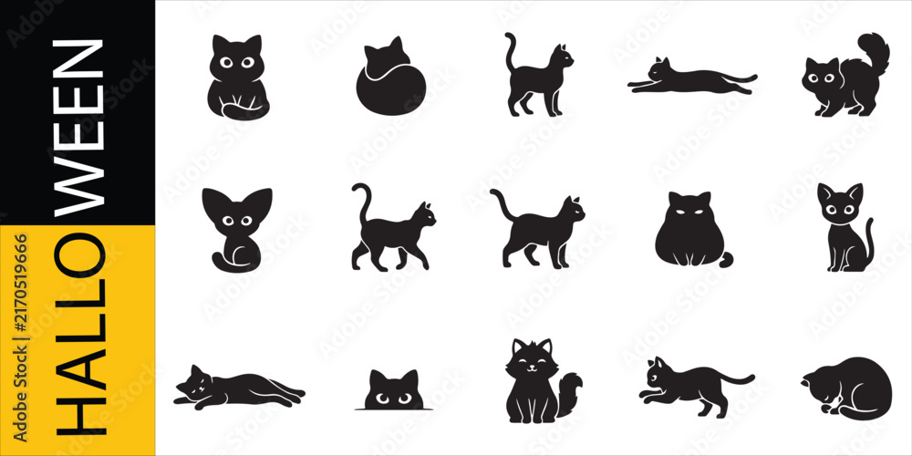 Obraz premium Halloween, Black Cat Silhouettes Set with Spooky Icons. Festive Design Elements for Seasonal Decorations