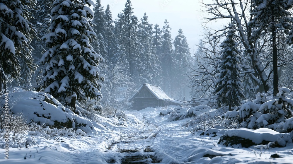Naklejka premium Snow Covered Trail Leading to a Cozy Rustic Wooden Cabin in a Magical Tranquil Winter Pine Forest