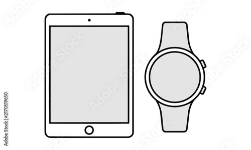 minimalist flat line art of a tablet and smartwatch side by side on a white background, modern technology concept