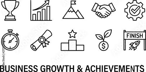 Achievement and Success Line Art Icon Set – Black and White Business Growth, Goal, and Milestone Vector Icons